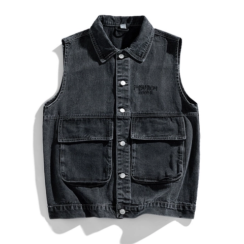 Gilet Denim Lavato Vintage da Uomo Giacca Senza Maniche in Cotone Invecchiato Streetwear Giapponese Multitasche Ricamato Casual Outwear