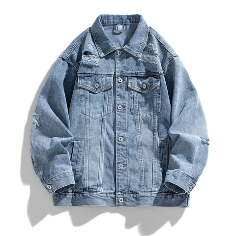 Chaqueta Vaquera Americana Retro para Hombre Mezcla de Algodón Desgastada Rota Workwear Ropa de Exterior Casual Holgada Lavada Streetwear Abrigo Vaquero