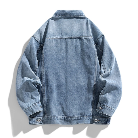 Chaqueta Vaquera Americana Retro para Hombre Mezcla de Algodón Desgastada Rota Workwear Ropa de Exterior Casual Holgada Lavada Streetwear Abrigo Vaquero