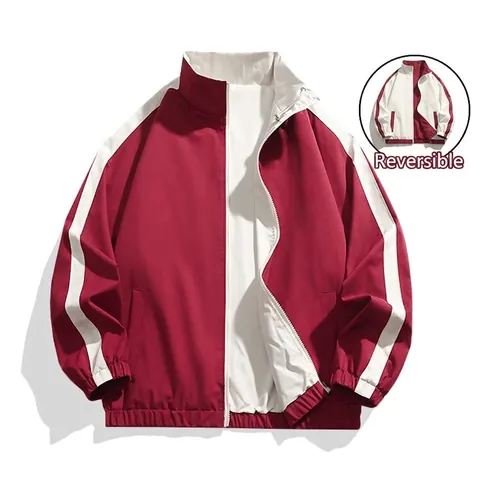 Men Reversible Color Block Jacket 100% Polyester Stand Collar Windbreaker Casual Sporty Loose Outerwear With Zip Closure