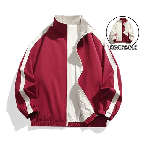 Men Reversible Color Block Jacket 100% Polyester Stand Collar Windbreaker Casual Sporty Loose Outerwear With Zip Closure