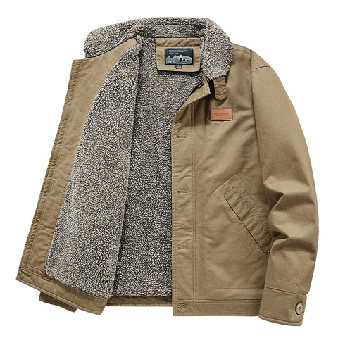 Men's Winter Heavyweight Cotton Canvas Jacket Retro Fleece Lined Warm Workwear Coat Lamb Wool Collar Multi Pockets
