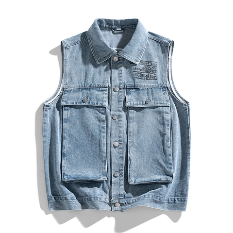 Men's Retro Washed Denim Vest Cotton Cargo Sleeveless Jacket With Large Pockets Japanese Streetwear Casual Waistcoat For Men