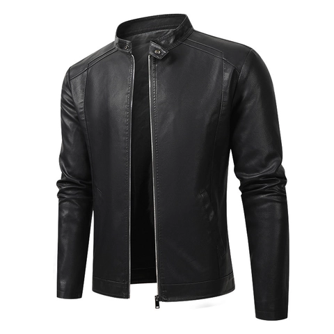 Chaqueta de Cuero de PU con Cuello Alto para Hombre Forro Polar Cortavientos Casual Motociclista Abrigo Otoño Invierno