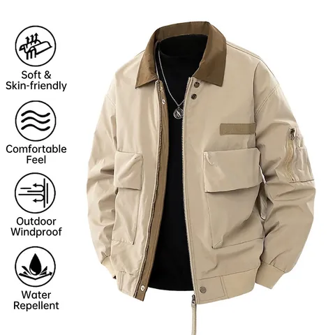 Men's American Retro Workwear Jacket Windproof Water Repellent Color Block Lapel Multi Pocket Cargo Flight Jacket Spring Autumn Outwear