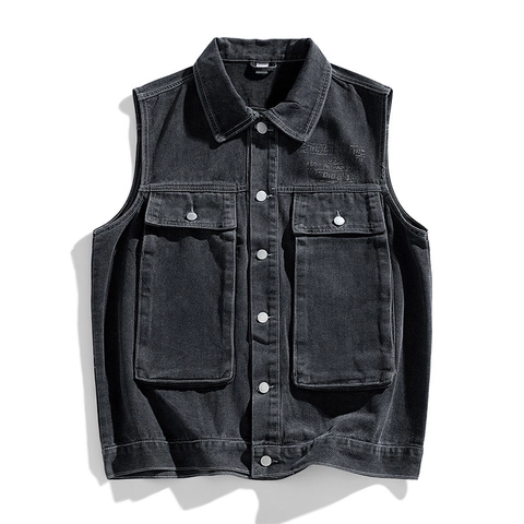 Men's Retro Washed Denim Vest Cotton Cargo Sleeveless Jacket With Large Pockets Japanese Streetwear Casual Waistcoat For Men
