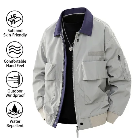 Men's American Retro Workwear Jacket Windproof Water Repellent Color Block Lapel Multi Pocket Cargo Flight Jacket Spring Autumn Outwear