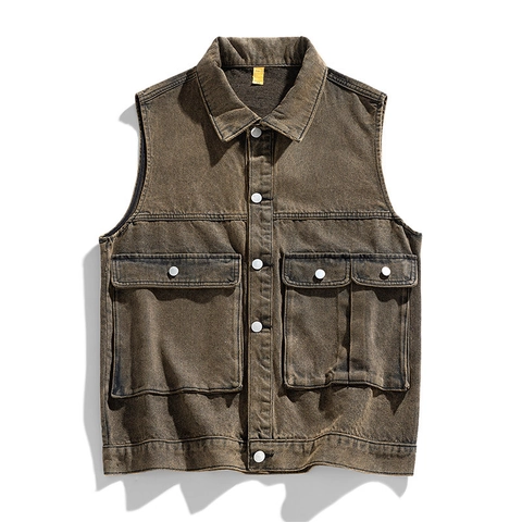 Herren Vintage Waschung Denim Weste Lockerer Schnitt Multi-Pocket Ärmellose Jacke Für Casual Täglich Baumwollmischung Denim Weste