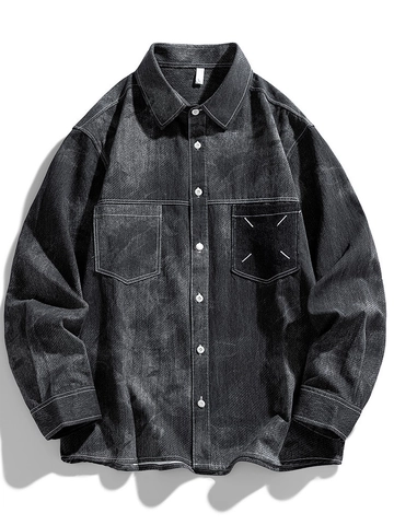 Camisa Denim Retro Funcional para Hombre Manga Larga Algodón Puro Lavado Estilo Tooling Costuras de Contraste Doble Bolsillo