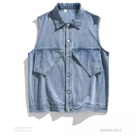 Gilet en Denim pour Hommes Style Urbain Japonais Rétro Lavé Mélange de Coton Avec Grandes Poches à Rabat Veste Sans Manches