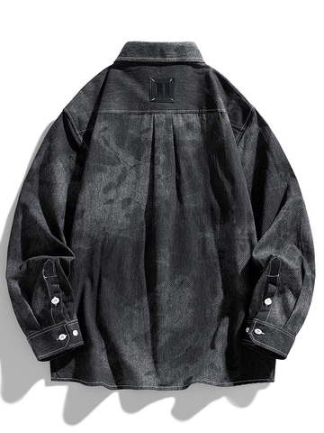 Camisa Denim Retro Funcional para Hombre Manga Larga Algodón Puro Lavado Estilo Tooling Costuras de Contraste Doble Bolsillo