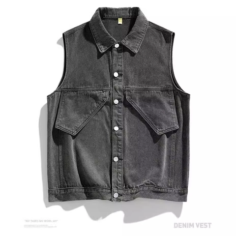 Gilet en Denim pour Hommes Style Urbain Japonais Rétro Lavé Mélange de Coton Avec Grandes Poches à Rabat Veste Sans Manches