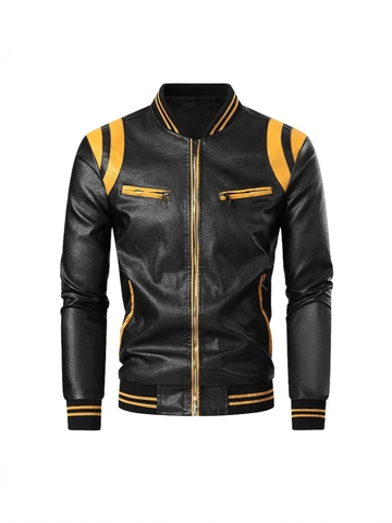 Men's Motorcycle PU Leather Jacket Fleece Lined Warm Winter Baseball Collar Contrast Color Spliced Windproof Outerwear For Men Daily Fashion