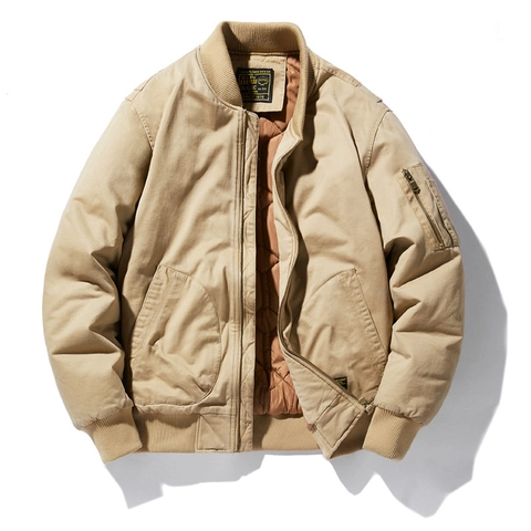 Men Flight Bomber Jacket Thickened Pure Cotton Shell Polyester Lining Padded Winter Workwear Coat Ribbed Trim Utility Pocket Vintage