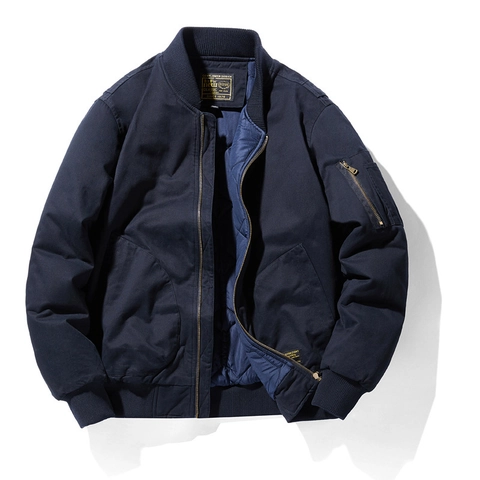 Men Flight Bomber Jacket Thickened Pure Cotton Shell Polyester Lining Padded Winter Workwear Coat Ribbed Trim Utility Pocket Vintage