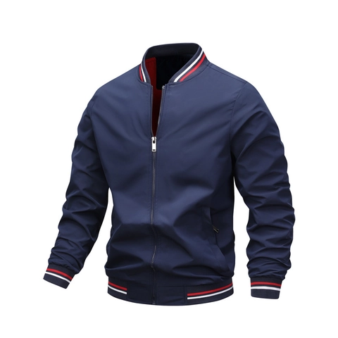 Giacca Bomber da Uomo Casual Antivento Collo Baseball Cerniera Polsini a Costine a Righe Giacca da Esterno Leggera Moda Maschile