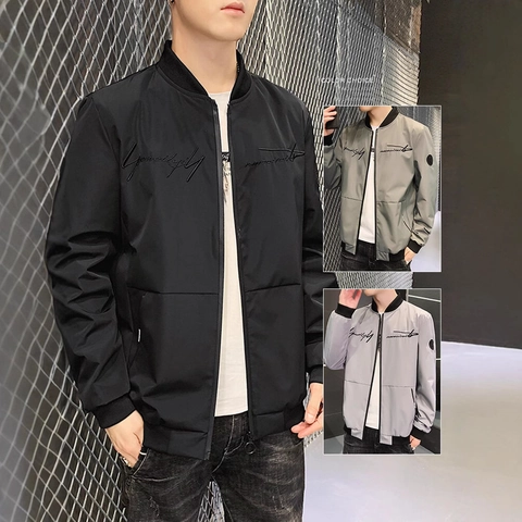 Blouson Bomber Décontracté pour Hommes Veste de Vol Coupe-vent Avec Bordure Côtelée Col Montant Et Broderie Mode