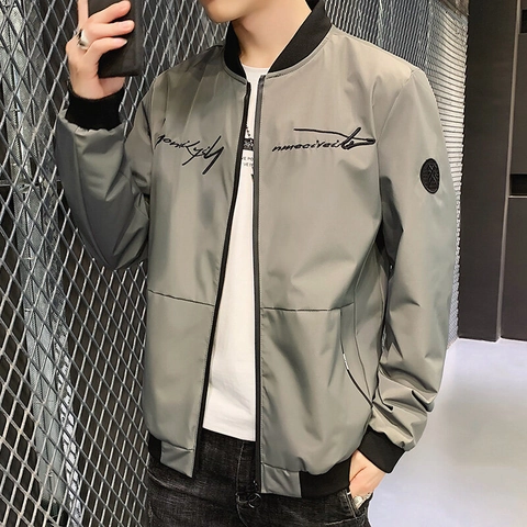 Blouson Bomber Décontracté pour Hommes Veste de Vol Coupe-vent Avec Bordure Côtelée Col Montant Et Broderie Mode