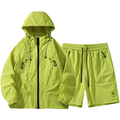 Men Outdoor Sun Protection Hooded Windbreaker Jacket And Shorts Nylon Lightweight Breathable Sporty Casual Outfits Clothing