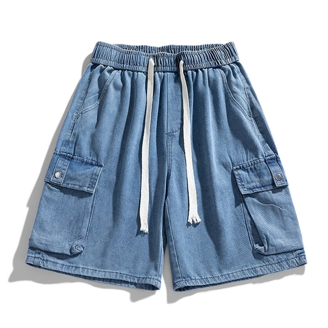 Pantaloncini Cargo in Denim da Uomo Vita Elastica con Coulisse Multitasche Lavati in Misto Cotone Pantaloncini Larghi Casual Estivi