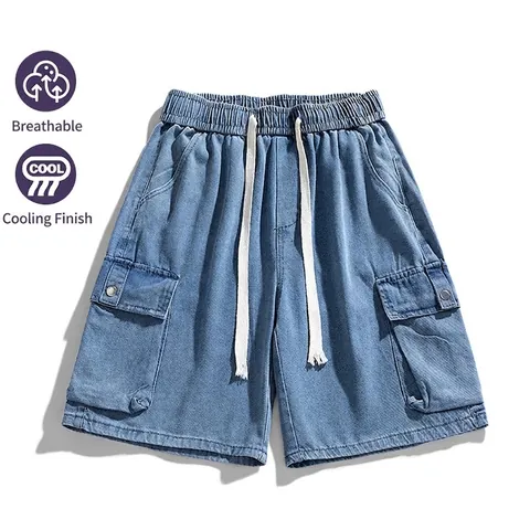 Pantaloncini Cargo in Denim da Uomo Vita Elastica con Coulisse Multitasche Lavati in Misto Cotone Pantaloncini Larghi Casual Estivi