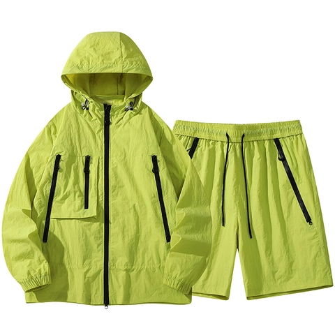 Costume de Protection Solaire pour Homme 100% Nylon Veste à Capuche et Ensemble de Short Respirant Séchage Rapide Extérieur Techwear Vêtements de Sport
