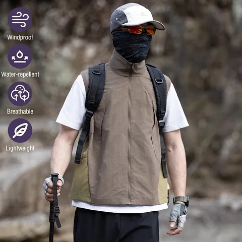 Gilet d'Extérieur Fonctionnel en Nylon Coupe-vent Déperlant Léger Col Montant pour Randonnée Camping Style Tactique Vêtements d'Extérieur