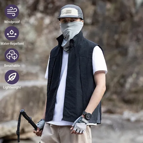 Gilet d'Extérieur Fonctionnel en Nylon Coupe-vent Déperlant Léger Col Montant pour Randonnée Camping Style Tactique Vêtements d'Extérieur