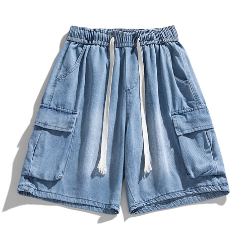 Pantaloncini Cargo in Jeans da Uomo in Cotone Lavato Spandex Pantaloni Larghi Tasche Grandi Coulisse Casual Estate Workwear