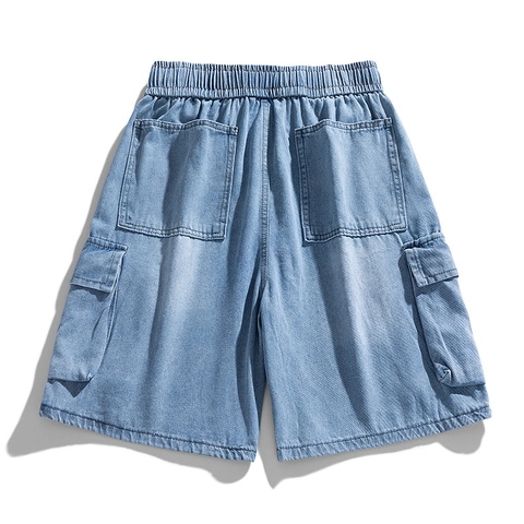 Pantaloncini Cargo in Jeans da Uomo in Cotone Lavato Spandex Pantaloni Larghi Tasche Grandi Coulisse Casual Estate Workwear