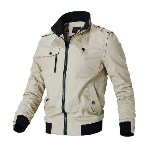 Men's Casual Military Cotton Jacket Stand Collar Multi Pocket Slim Fit Zipper Bomber Jacket Outerwear With Epaulettes