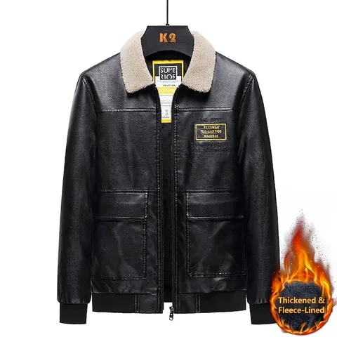 Men's Slim Fit PU Leather Jacket Fleece Lined Motorcycle Bomber Jacket Solid Color Casual Streetwear Coat Ribbed Cuffs