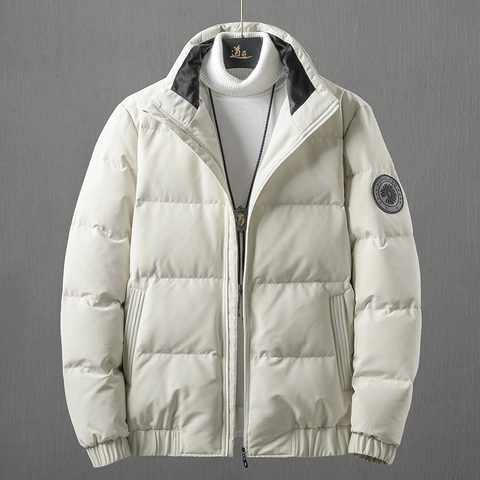Men's Casual Stand Collar Puffer Jacket White Duck Down Quilted Coat Solid Color Winter Warm Windproof Outerwear Plus Size