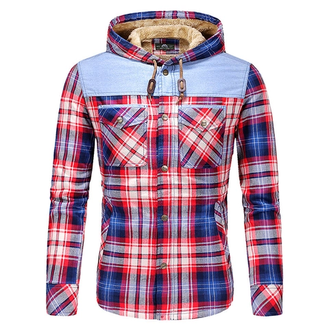 Veste Chemise à Carreaux à Capuche Doublée Polaire pour Hommes Coton Épais Chaud Hiver Décontracté Haut à Manches Longues