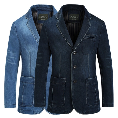 Men's Casual Denim Blazer Jacket Americana Style Slim Fit Notched Lapel Three Button Cotton Wash Denim Suit Coat For Men