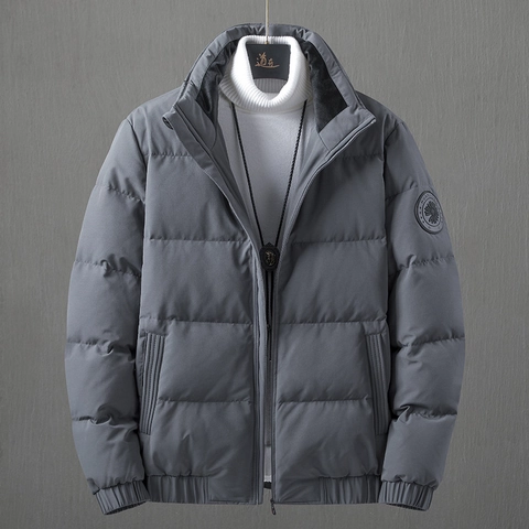 Men's Casual Stand Collar Puffer Jacket White Duck Down Quilted Coat Solid Color Winter Warm Windproof Outerwear Plus Size