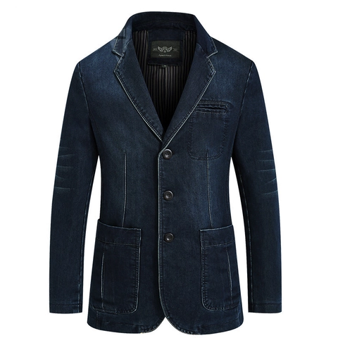 Men's Casual Denim Blazer Jacket Americana Style Slim Fit Notched Lapel Three Button Cotton Wash Denim Suit Coat For Men