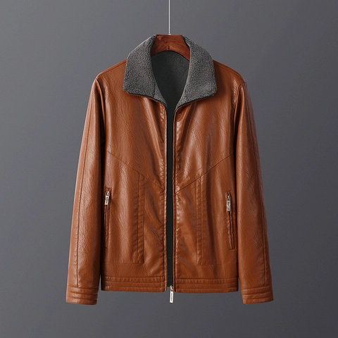 Men Casual PU Leather Jacket With Warm Fleece Lining Turn-down Collar Solid Color Windproof Winter Outerwear Faux Leather Coat