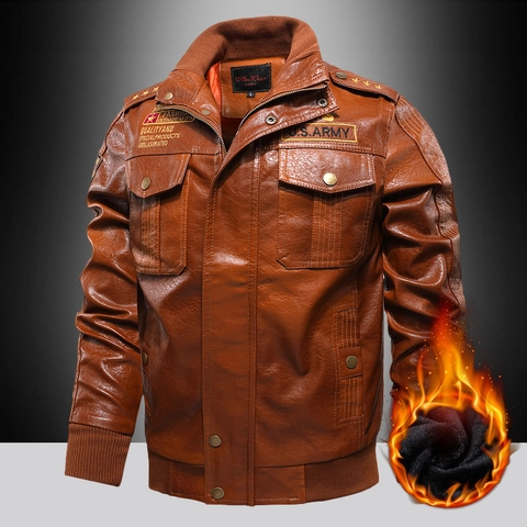Chaqueta de Cuero PU Militar Vintage para Hombre con Forro de Felpa Cazadora Bomber Resistente al Viento Otoño Invierno Casual