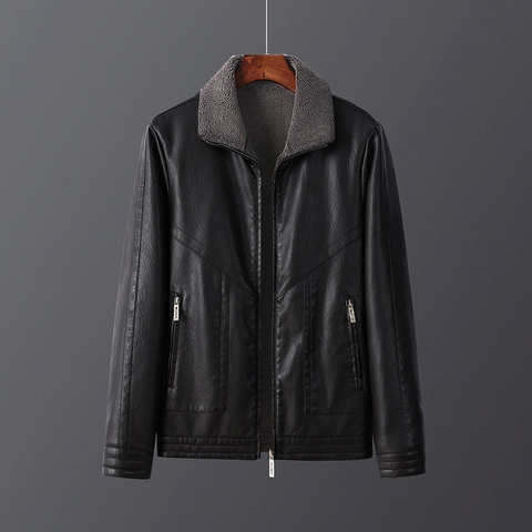 Men Casual PU Leather Jacket With Warm Fleece Lining Turn-down Collar Solid Color Windproof Winter Outerwear Faux Leather Coat