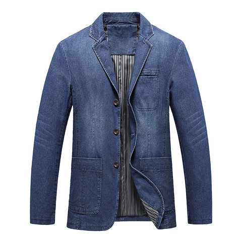 Men Casual Denim Blazer Jacket Cotton Washed Notched Lapel Single Breasted Three Buttons Long Sleeve Solid Color Outwear Top