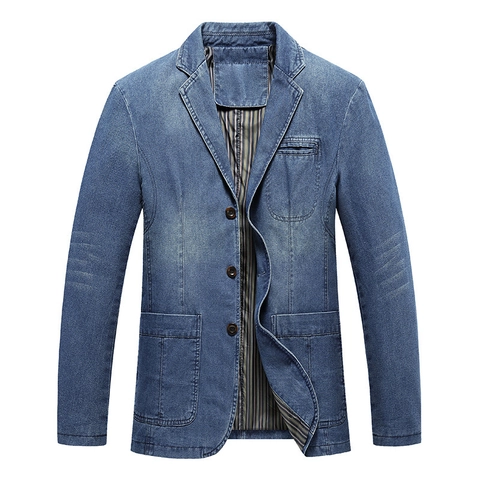 Men Casual Denim Blazer Jacket Cotton Washed Notched Lapel Single Breasted Three Buttons Long Sleeve Solid Color Outwear Top