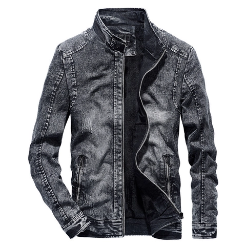 Men's Vintage Washed Denim Jacket Fleece Lined Stand Collar Slim Fit Cotton Blend Outerwear Winter Casual Work Coat