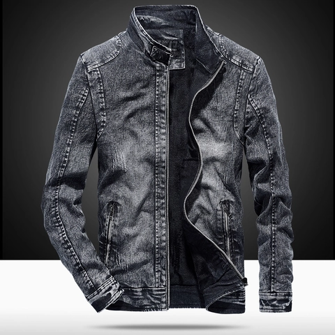 Men's Vintage Washed Denim Jacket Fleece Lined Stand Collar Slim Fit Cotton Blend Outerwear Winter Casual Work Coat