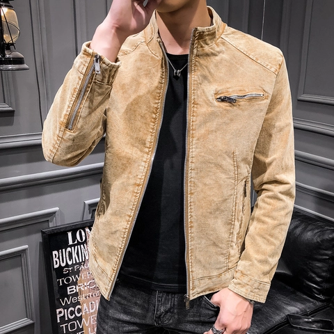 Chaqueta de Algodón Lavado Retro para Hombre Cuello Alto Ajustada Manga Larga Casual Con Decoración de Cremallera Para Otoño