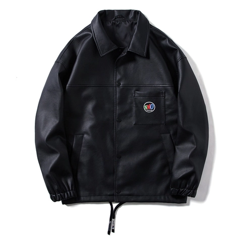 Giacca in Pelle PU da Uomo Risvolto Giacca Coach Stampa a Lettere Orlo con Coulisse Streetwear Casual Vestibilità Larga