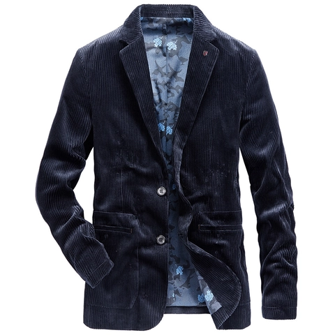 Men Casual Corduroy Blazer Jacket Cotton Notch Lapel Business Suit Coat With Maple Leaf Print Lining For Spring Autumn