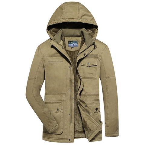 Ανδρικό Μπουφάν με Κουκούλα Βαμβακερό Fleece Επένδυση Πυκνό Χειμερινό Παλτό Ζεστό Αντιανεμικό Πολλαπλές Τσέπες Στυλ Εργασίας Casual
