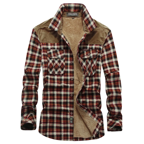 Men's Winter Plaid Fleece Lined Shirt Cotton Thickened Warm Sherpa Lining Casual Long Sleeve Shirt With Corduroy Patchwork
