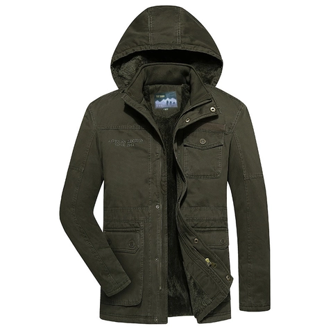 Ανδρικό Μπουφάν με Κουκούλα Βαμβακερό Fleece Επένδυση Πυκνό Χειμερινό Παλτό Ζεστό Αντιανεμικό Πολλαπλές Τσέπες Στυλ Εργασίας Casual